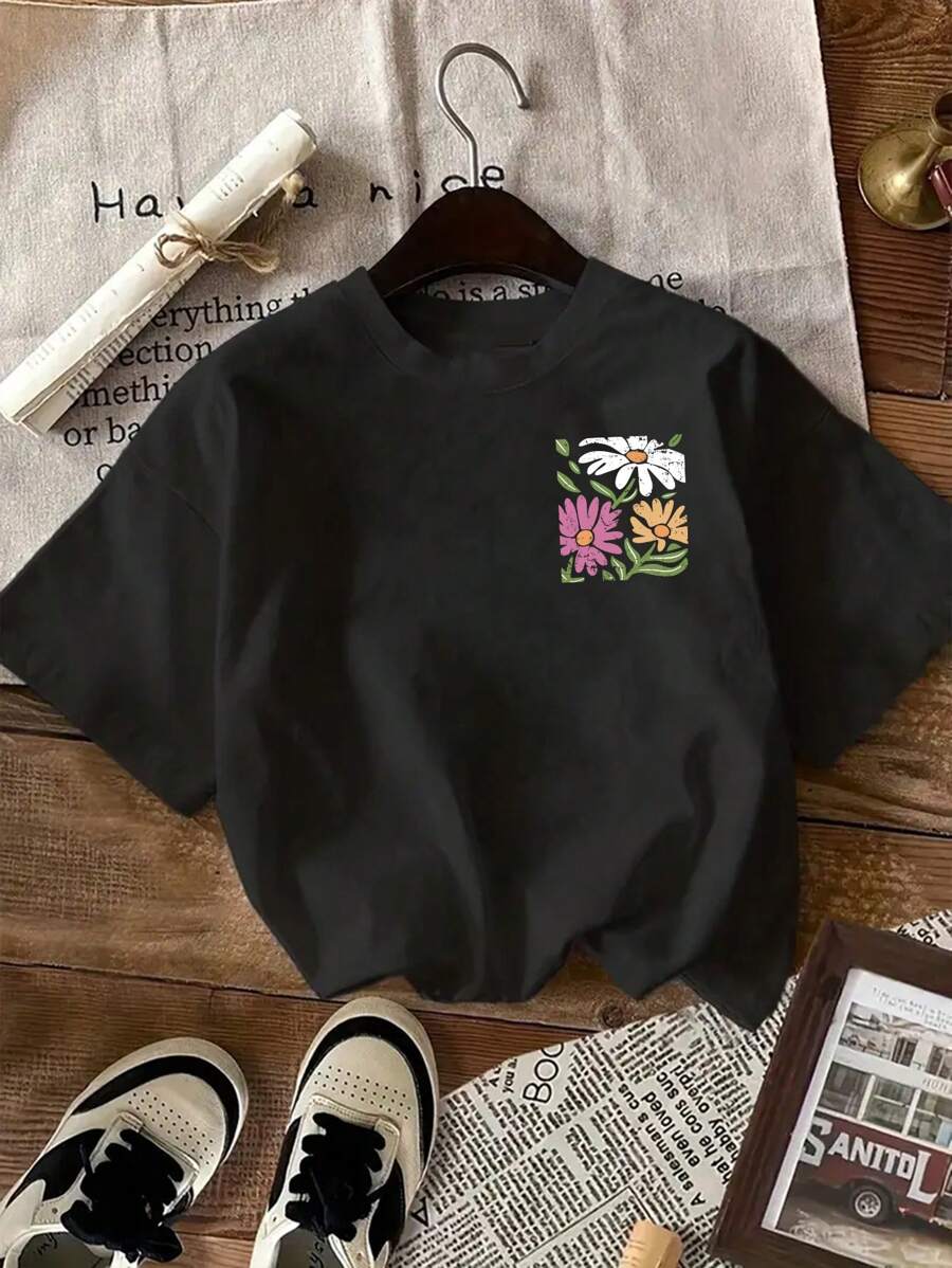 SHEIN LUNE 女式花卉印花圆领短袖休闲T恤，夏季 - 黑色 - 查看 1