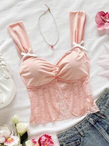 Soleia Top a canottiera da donna con fiocco decorativo, rosa, aderente, orlo ondulato, adatto per vacanze, uso quotidiano, occasioni romantiche, feste, appuntamenti, matrimonio, spiaggia, crociera, tè pomeridiano