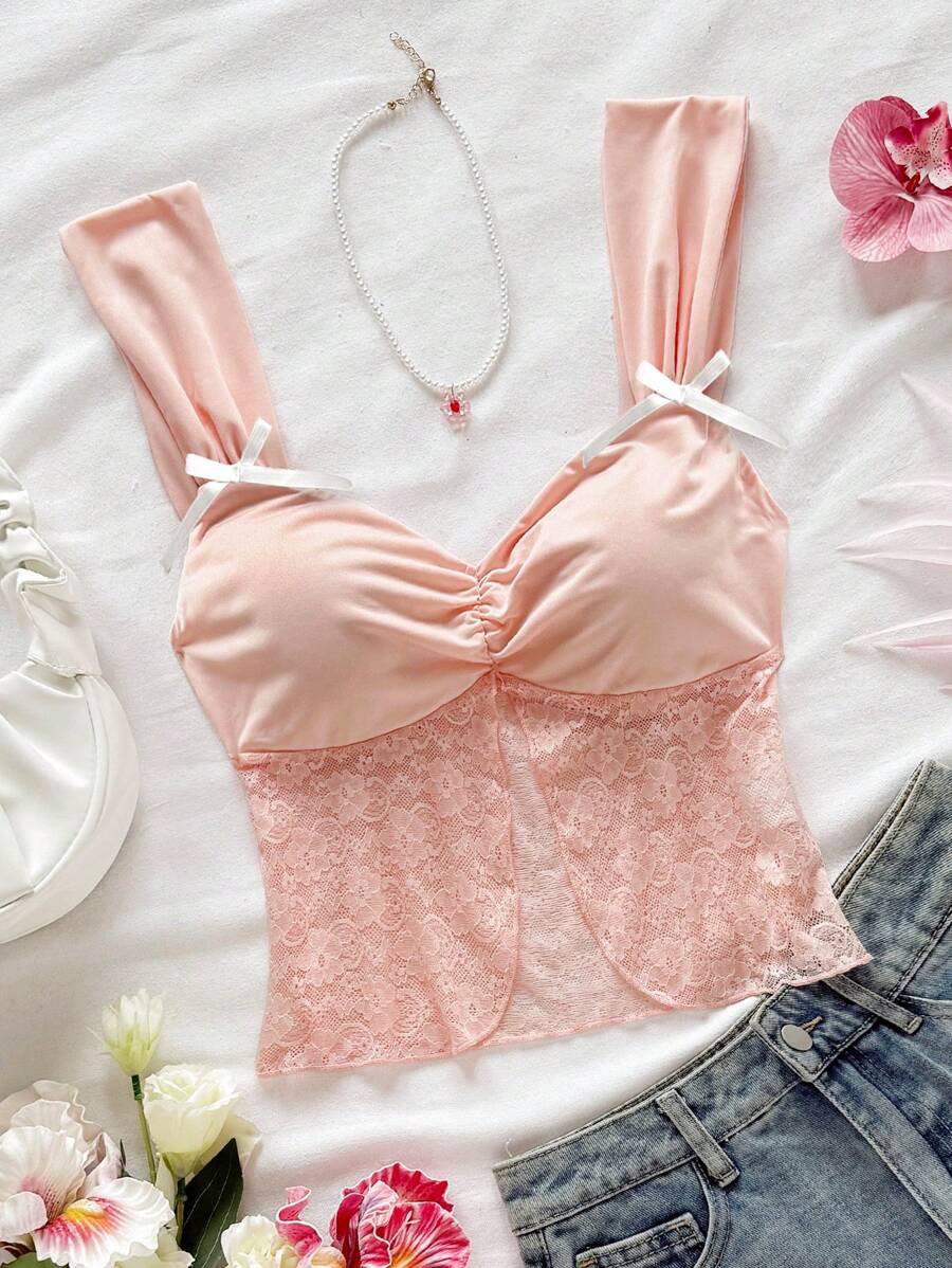 Soleia Top a canottiera da donna con fiocco decorativo, rosa, aderente, orlo ondulato, adatto per vacanze, uso quotidiano, occasioni romantiche, feste, appuntamenti, matrimonio, spiaggia, crociera, tè pomeridiano