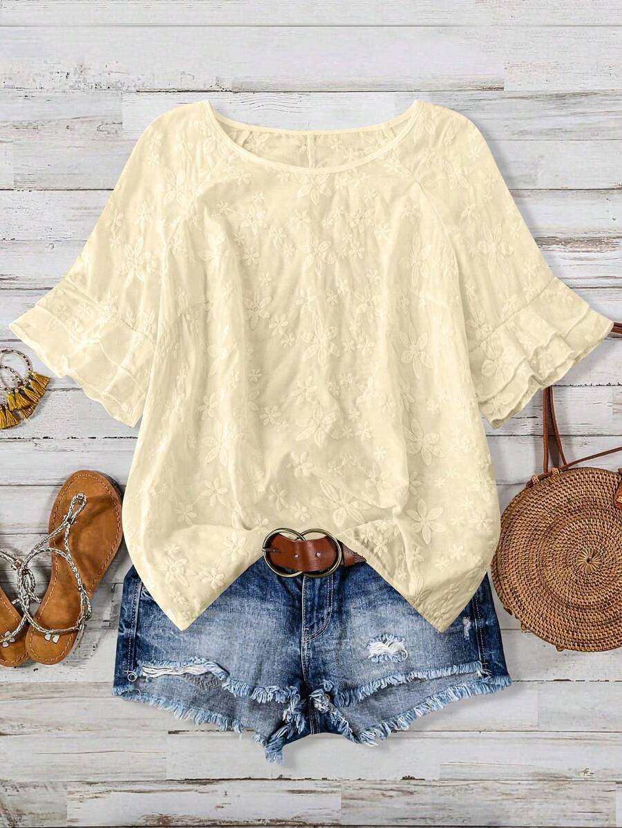 SHEIN LUNE Plus Size Summer Casual Floral Embroidered Round Neck Shirt - Yellow - View 1