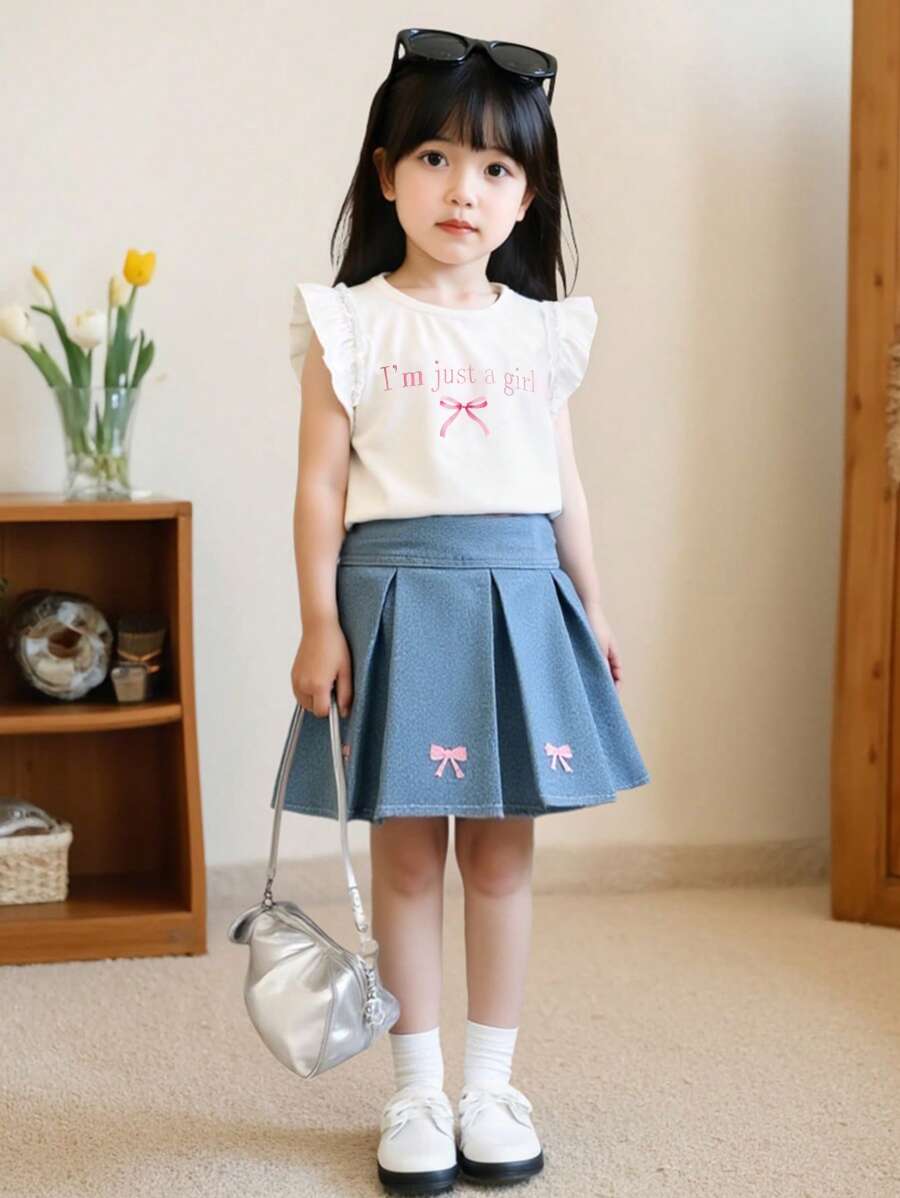 SHEIN 女孩可爱字母与蝴蝶结印花盖袖 T 恤和弹性腰部 A 字形牛仔百褶裙 2 件套服装