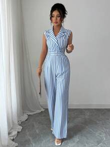 Elenzga 女士条纹翻领无袖连体裤，休闲又适合上班 - 藍色 - 查看 1