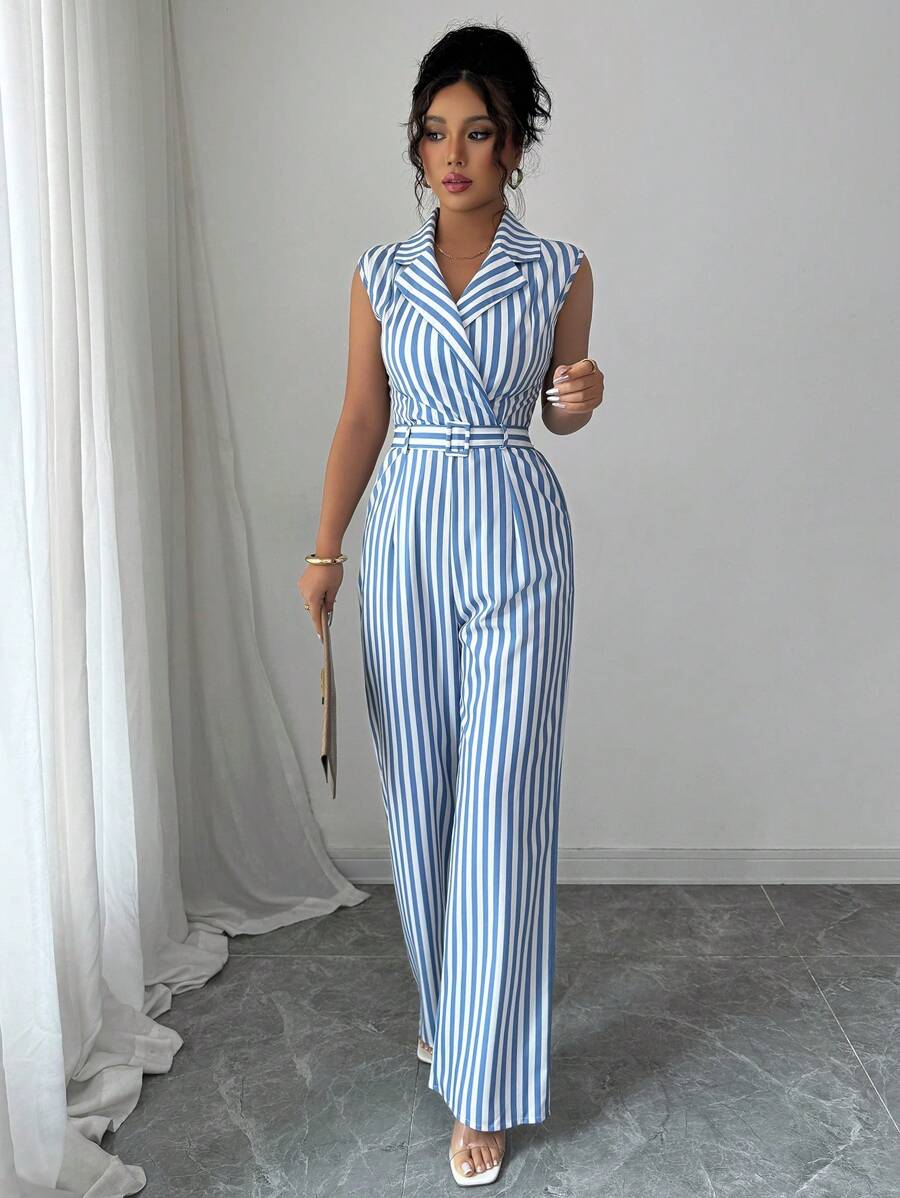 Elenzga 女士条纹翻领无袖连体裤，休闲又适合上班 - 藍色 - 查看 1