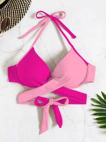 SHEIN Swim Áo bikini màu hồng thời trang quấn chéo màu tương phản, nâng ngực kèm vòng thép cho kỳ nghỉ hè trên bãi biển - Nhiều màu - Xem 5