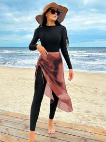 Swim Mulvari 女式纯色长袖拉链连体泳衣，含配套扎染罩衫和半裙比基尼套装