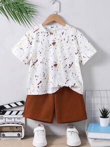 2 Piezas/Set Camiseta blanca de estampado de graffiti y pantalones cortos negros holgados para niños jóvenes, conjunto de dos piezas adecuado para primavera y verano, apropiado para la vida diaria, deportes, campus, reuniones, festivales, actuaciones, fotografía y temporada de regreso a clases. - Multicolor - Ver 3