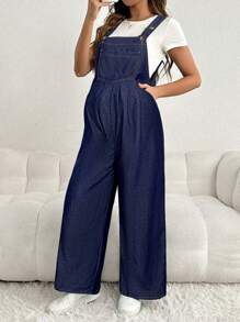 SHEIN 可调节肩带孕妇牛仔背带裤，休闲宽松阔腿长裤，蓝色