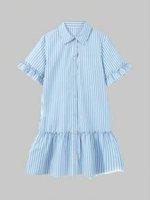 SHEIN Explorewe Mädchen Gestreiftes Hemdkleid mit ausgestellten Ärmeln, Frühjahr - Blau - Übersicht 1