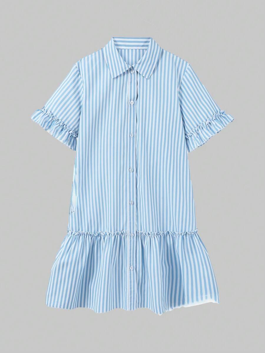 SHEIN Explorewe Mädchen Gestreiftes Hemdkleid mit ausgestellten Ärmeln, Frühjahr - Blau - Übersicht 1