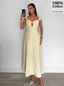 Siren Gaze 女士纯色休闲日常连衣裙，心形领口，精致胸部镂空设计 - 杏色 - 查看 3