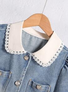 Tween-Mädchen 2-teiliges Set mit kontrastfarbenem Kragen, Puffärmeln, Jeansjacke und Camisole-Kleid mit Schleife - Aprikosenfarben - Übersicht 5