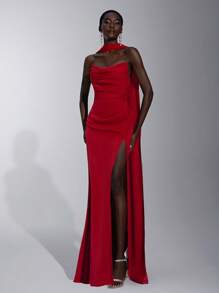 SHEIN Belle Elegant, Romantic, Crimson, Satin, Woven Matte Ribbon Trim, Off-Shoulder, Tube Top, Pleated, Bodycon, Mermaid Hem, Wedding Guest, Party, Bridesmaid Dress - Red - View 6