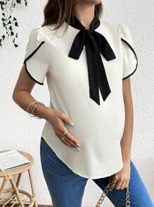 SHEIN Tie Collar Ruffle Sleeve Blouse Maternity Top - Apricot - View 5