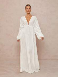 Lumalex 1 pieza Vestido largo de mujer con cuello en V profundo, mangas anchas plisadas, falso diseño de 2 piezas, volantes en el bajo y silueta ceñida