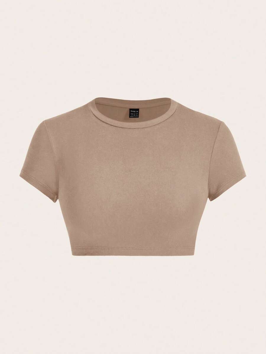 SHEIN ICON Áo thun nữ cổ tròn tay ngắn màu kaki giản dị, phù hợp cho mùa hè - Màu Khaki - Xem 1