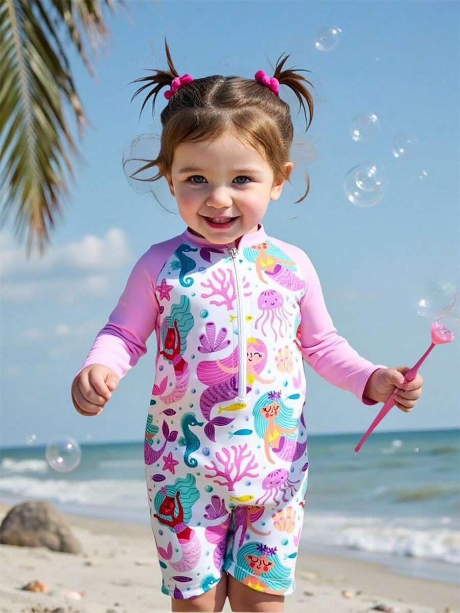 Sparklyn Baby Girl Mermaid Printed One-Piece Swimsuit With Shorts Swim Suits For Baby Girl Swim Suits For Baby Girl Bathing Suits For S Swim Suits For S Swimsuits For S