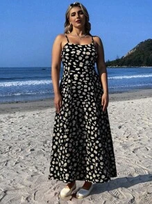 SHEIN EZwear Váy Maxi Chữ A In Hoa Cúc Họa Tiết Hoa Cúc Đơn Giản, Đa Năng, Thoải Mái, Dịu Dàng, Mùa Hè, Dây Đeo Spaghetti, Hở Lưng, Cạp Cao, Thích Hợp Đi Chơi, Mùa Xuân/Hè - Nhiều màu - Xem 5