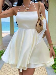 SHEIN EZwear Women Beach Apricot Satin Halter Backless Tie-Up Dress - Apricot - View 2