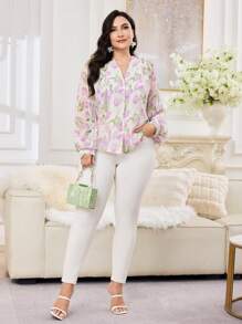 Modelyn Plus Size Women Floral Print Single-Breasted Lantern Sleeve Elegant Blouse