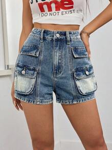 Women's Casual Versatile Utility Denim Shorts - Medium Wash - View 1