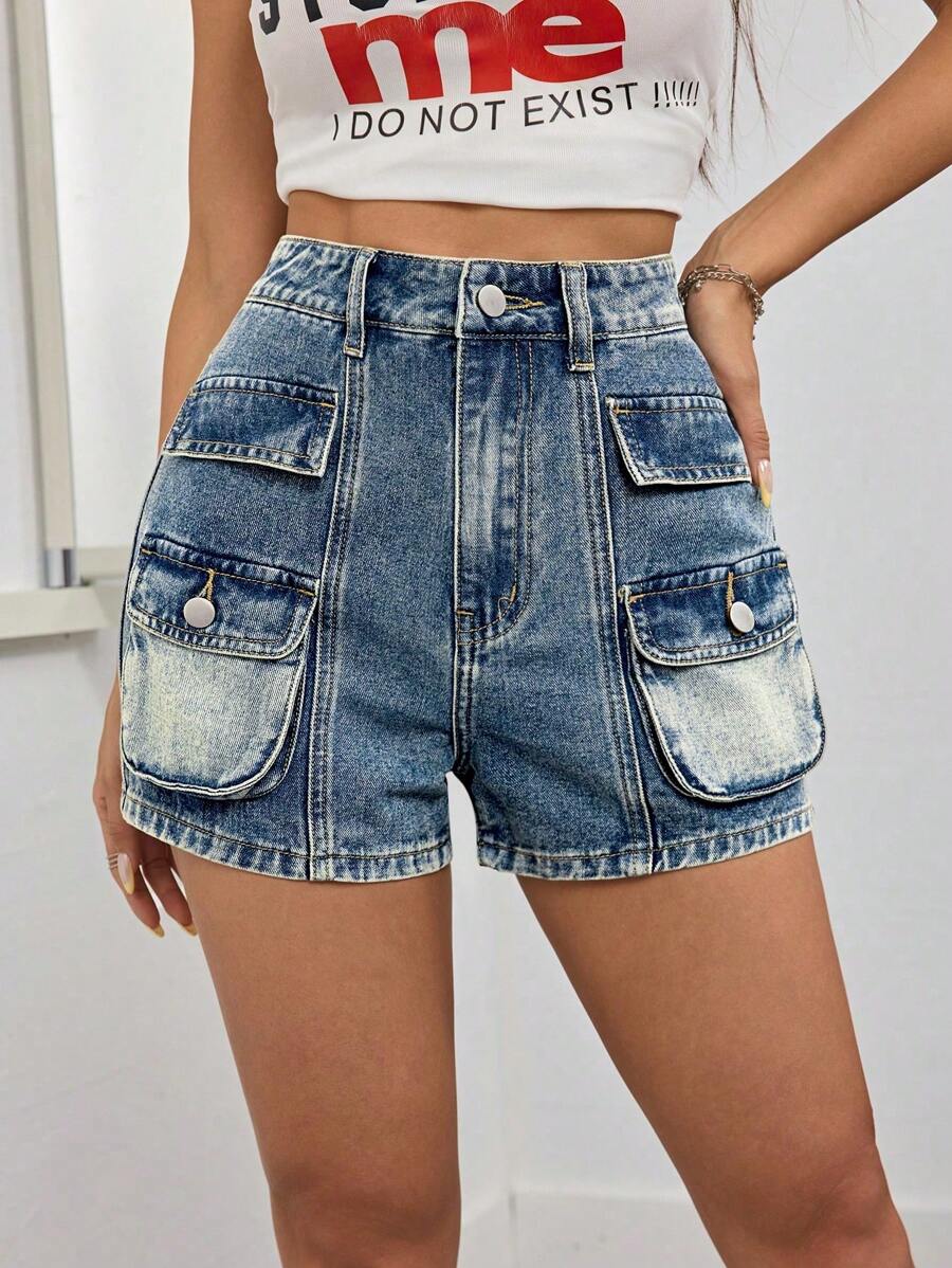 Women's Casual Versatile Utility Denim Shorts - Medium Wash - View 1