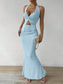 Rafferiza Women 2Pcs Set Including Solid Twist Hem Camisole Top And Fitted Fishtail Hem Skirt - Baby Blue - View 3
