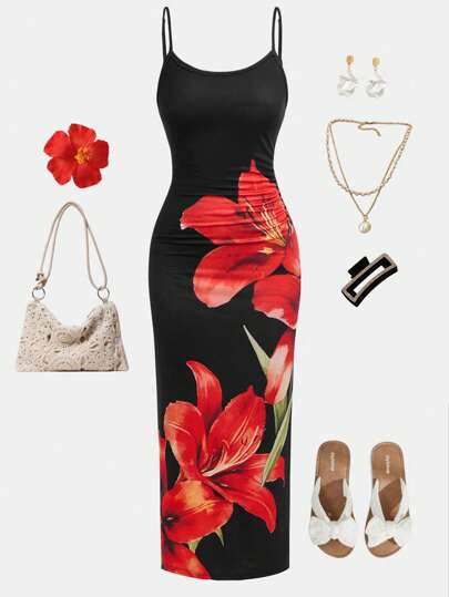 SHEIN Girlism Teen Girls Floral Print Slit Strap Casual Dress, Suitable For Summer, Vacation, Party, Outdoor Wear