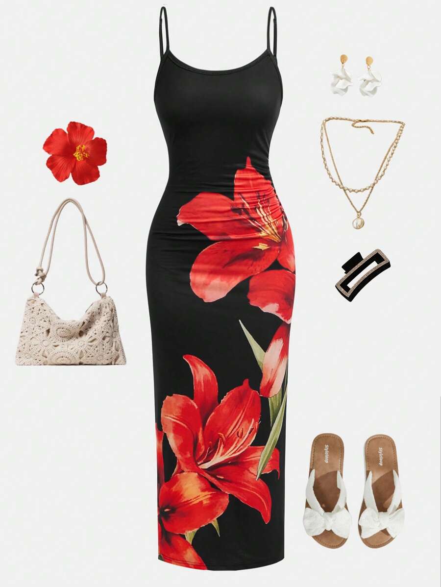 SHEIN Girlism Teen Girls Floral Print Slit Strap Casual Dress, Suitable For Summer, Vacation, Party, Outdoor Wear - Black - View 1