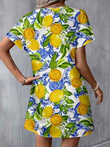 SHEIN LUNE Casual Minimalist Vacation Lemon Flower Elegant Baroque Blue Floral Print V Neck Woven Short Dress For Women, Suitable For Spring/Summer,Bohemian Clothes,Dresses For Women Summer
