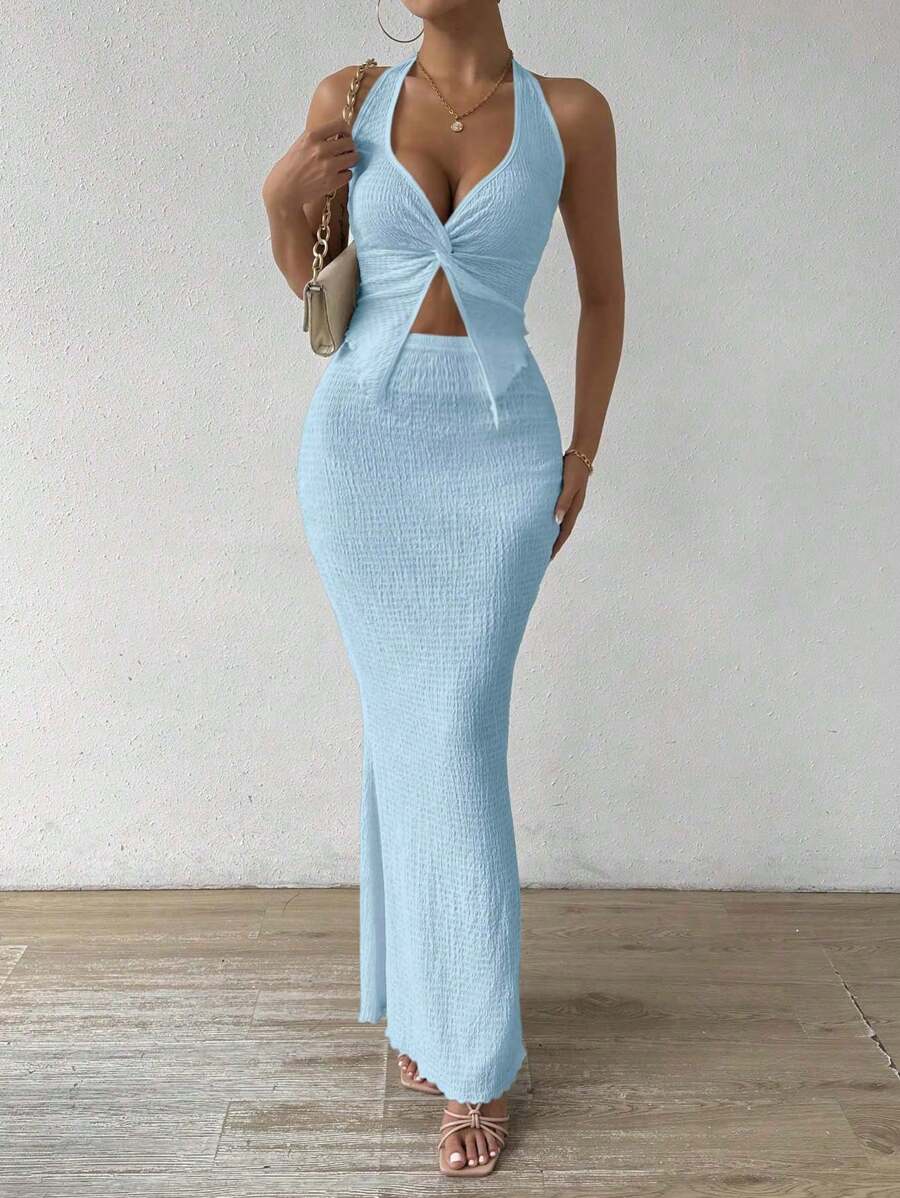 Rafferiza Women 2Pcs Set Including Solid Twist Hem Camisole Top And Fitted Fishtail Hem Skirt - Baby Blue - View 1