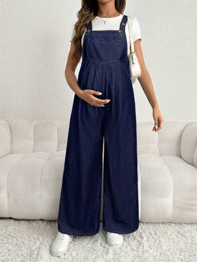 SHEIN Justerbara remmar för gravida, jeansoveraller, lösa, vida ben, långbyxor, blå