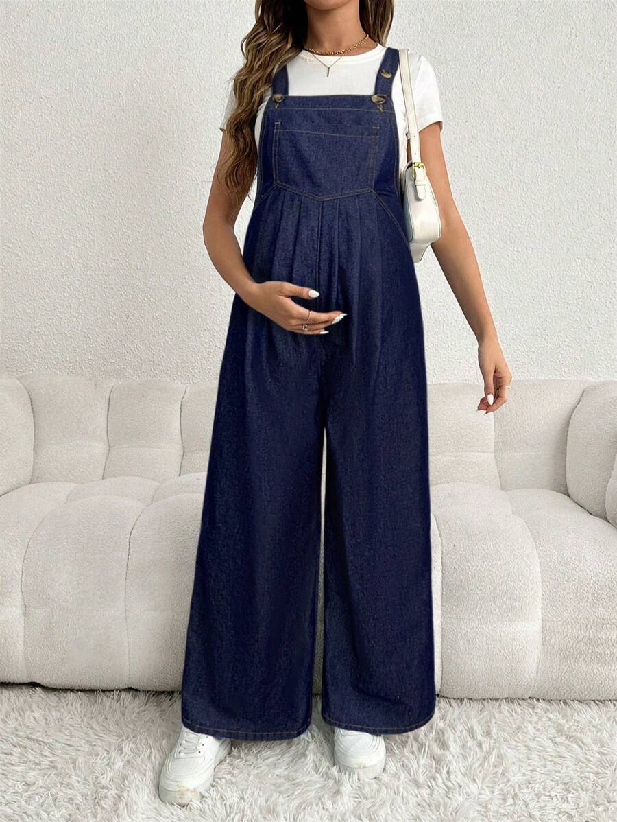 SHEIN 可调节肩带孕妇牛仔背带裤，休闲宽松阔腿长裤，蓝色