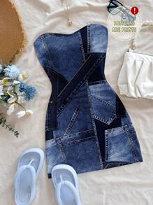 Soleia 复古纹理蓝色/海军蓝印花连衣裙，休闲/度假/性感/可爱/Y2K 椰子女孩/波西米亚风/波西米亚风/航海风，适合夏季女士迷你连衣裙