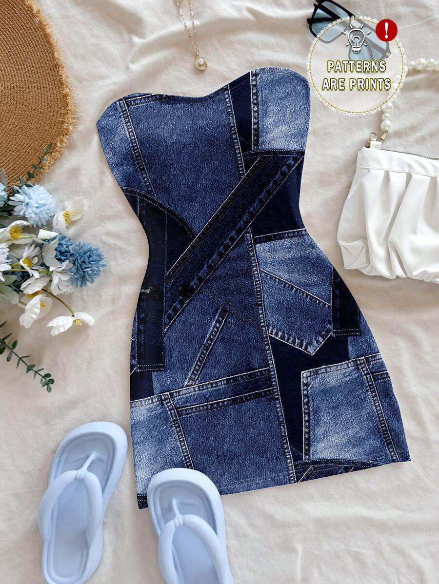 Soleia 复古纹理蓝色/海军蓝印花连衣裙，休闲/度假/性感/可爱/Y2K 椰子女孩/波西米亚风/波西米亚风/航海风，适合夏季女士迷你连衣裙