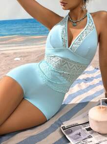 Women Deep V-Neck Mesh Vacation Beach Tankini For Summer - Mint Green - View 6
