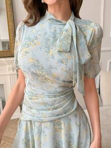 Modelyn Woman's Tie-Collar Cinched Waist Pleated Dress - Blue - View 6