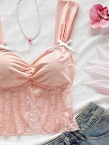 Soleia Top a canottiera da donna con fiocco decorativo, rosa, aderente, orlo ondulato, adatto per vacanze, uso quotidiano, occasioni romantiche, feste, appuntamenti, matrimonio, spiaggia, crociera, tè pomeridiano