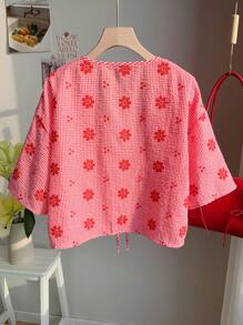 Comfortcana Camicia da donna con colletto a farfalla ricamato a fiori in maglia a quadri rossi, adatta per i primi mesi d'autunno, taglie comode