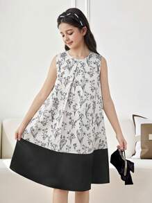 فستان من البناتالصغيرات مطبوع بالأزهار مخصر بشكل جيب مع فيونكة خلفية، سيلويت مرتفع وأنيق