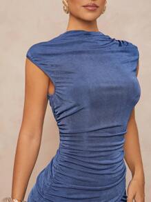 Lumalex 2pcs Set Women High Neck Bodycon Flare Bell Bottom Ruched Shiny Outfit,Graduation,Teacher Outfits For Women,Back To School - Dusty Blue - View 4