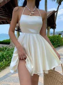 SHEIN EZwear Women Beach Apricot Satin Halter Backless Tie-Up Dress - Apricot - View 4