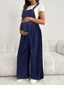 SHEIN 可调节肩带孕妇牛仔背带裤，休闲宽松阔腿长裤，蓝色