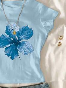 Tween Girl Floral Print Summer Casual Round Neck Short Sleeve T-Shirt