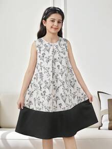 فستان من البناتالصغيرات مطبوع بالأزهار مخصر بشكل جيب مع فيونكة خلفية، سيلويت مرتفع وأنيق