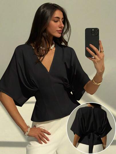 Aloruh 优雅纯色宽松短袖黑色衬衫，简约设计，背部蝴蝶结，百搭办公/休闲杏色上衣