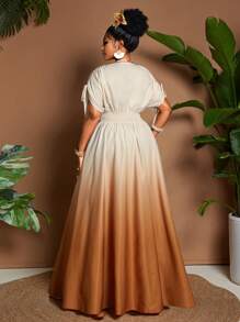 女士加大码优雅渐变印花系带蝴蝶结 V 领 A 字长裙，百搭设计，适合外出、海滩、音乐节、春夏季 - 彩色 - 查看 2