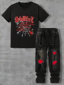 SHEIN 2pcs/Set Boys Teenager European & American High Street Spider Web Print T-Shirt And Ripped Red Patch Skinny Jeans Outfit For Spring/Summer - Black - View 1