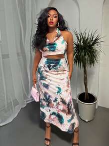 Slaydiva 2022 New Women's Plus Size Holiday/Tropical Resort/Beach Party/Club/Date Tie Dye Draped Neck Cropped Top And Bodycon Maxi Skirt 2 Pieces Set - Multicolor - View 5