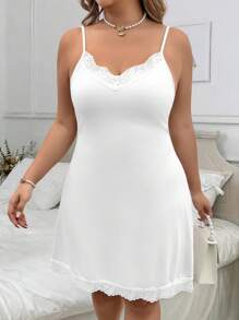 SHEIN Clasi 大码女式撞色蕾丝吊带裙 - 白色 - 查看 3