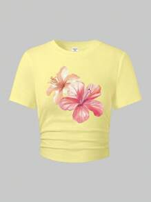 SHEIN Teenage Girls' Casual Fashion Creative Simple Blue Floral Pattern Printed Crop Top Yellow For Girl Yellow Top Girls Summer Clothes For Teen Girls T Shirt Teen Girl Clothes Summer T Shirt Girl Clothes Summer Tops - Yellow - View 4